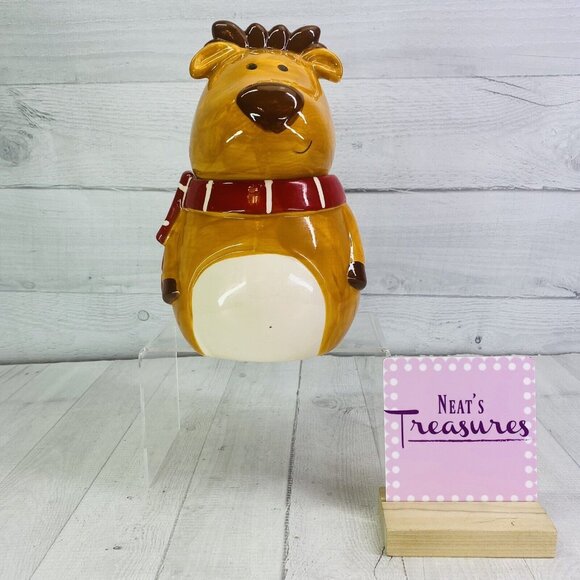 David's Cookies Christmas Reindeer Red Scarf Hand Painted 9.5" Cookie Jar Rare - Picture 1 of 12